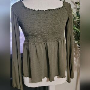American Eagle Outfitters Olive Green Smocked Blouse Sz Medium